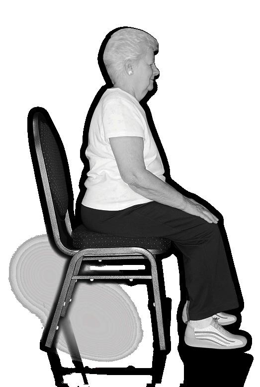 Semaines 2 à 4 F_Assouplissement/relaxation 6. Étirer la cuisse Assis sur le côté de la chaise, la tête alignée dans le prolongement du tronc, main en appui sur le dossier de la chaise.