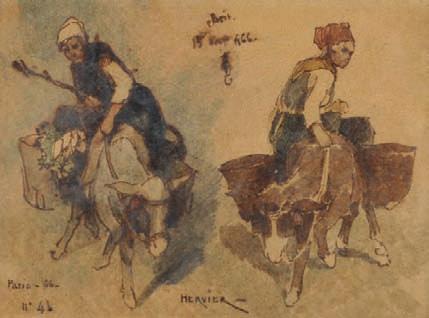 424 Louis-Adolphe HERVIER (1818-1879) Deux études de paysannes sur un âne Plume et encre brune. Signé dans le bas.