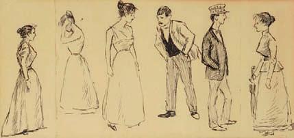 37 x 26 cm 300 / 400 CB 427 429 428 Théophile-Alexandre STEINLEN (1859-1923) Six croquis de personnages Signé au crayon rouge en bas à