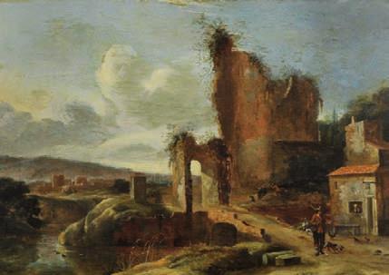 446 Attribué à Charles Cornelisz de HOOCH (1590 1639) Le retour du chasseur devant une ruine du château Panneau, une