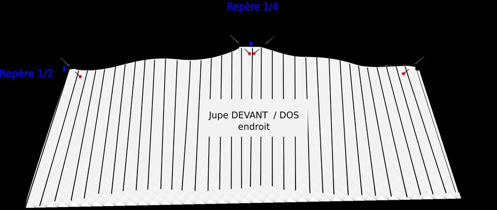 6/ Faites la même chose sur la jupe plissée en plaçant des repères tous les ¼ de longueur au niveau du bord supérieur (plis fermés bloqués) 7 / Assemblez