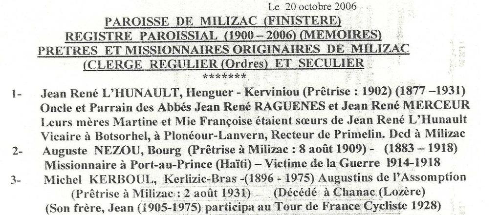 TABLEAU DES PRÊTRES MISSIONNAIRES DE MILIZAC (III) DE