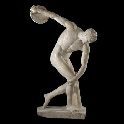 1 Le sport et l art (Dossier d accompagnement) Myron Discobole Le Discobole. Copie d une œuvre attribuée à Myron, marbre, 155 cm, vers 460 av. J.-C., musée national des Thermes, Rome, Italie.