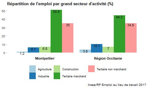 3 - Les grands secteurs d activité Dans la zone d emploi de Montpellier le secteur Tertiaire marchand est le 1er employeur avec 50.8% des emplois de la zone (graphique ci-dessous).