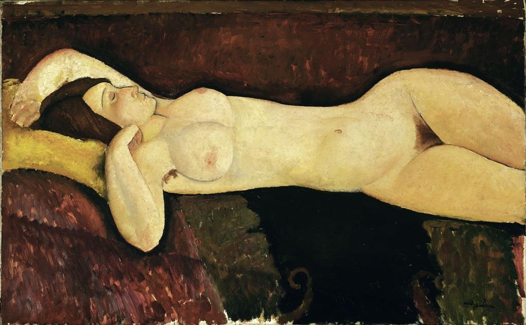 Reclining Nude 1919 Oil on canvas 724 x 1165 mm Museum of Modern Art, New York Exposés dans la même salle, et souvent accompagnés des portraits habillés de ces jeunes femmes, ces nus sont offerts à