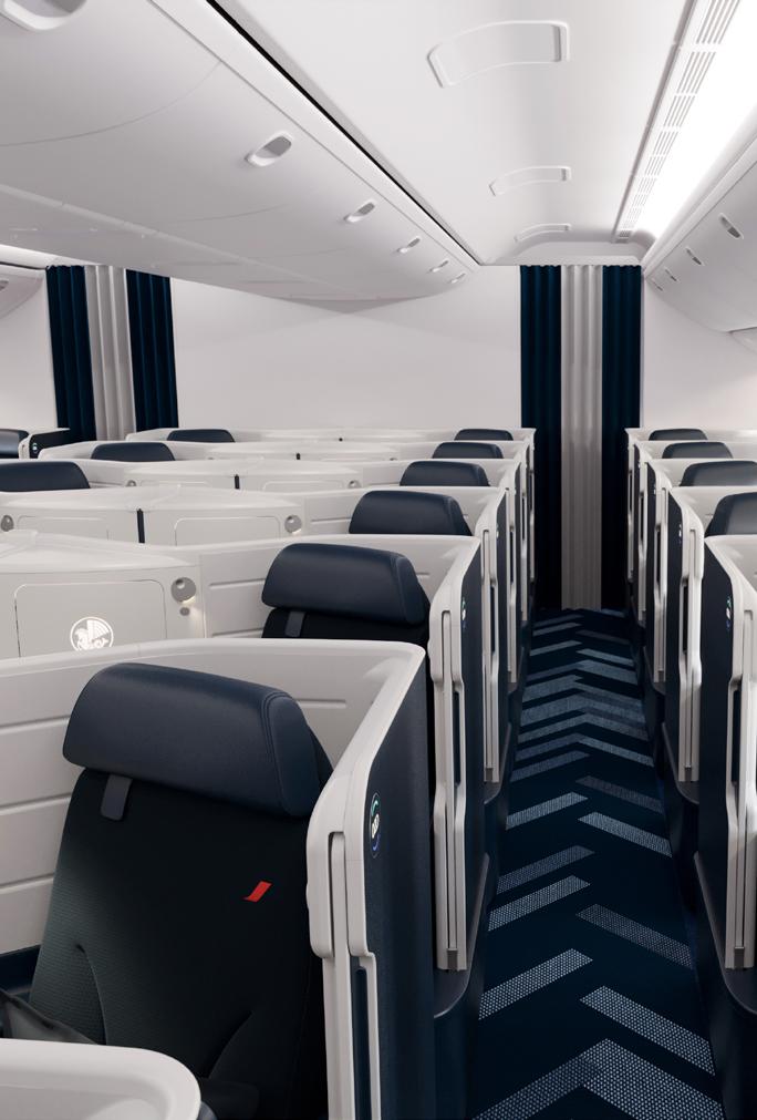 LE STYLE AIR FRANCE Air France dévoile une cabine et un siège déclinant avec élégance ses couleurs identitaires: bleu marine, présence de blanc apportant lumière et contraste, touches de