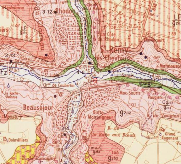 Projet Figure 11 : Carte géologique de SAINT-REMY-LES-CHEVREUSE au 1/50 000 Source : BRGM Le projet se situe dans une zone de sables et grès de Fontainebleau (rose).