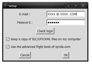 Para usar el analizador avanzado de vuelo de la web, usted debe introducir su email and password con los cuales haya creado