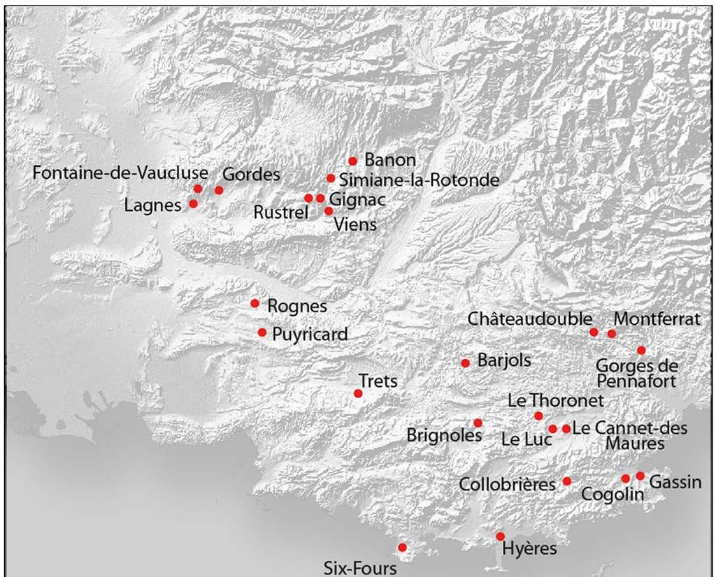 Fig. 3 - Lieux d'extraction possibles ou attestés du fer en Provence. Fond de, carte NASA, DAO O. Thuaudet.