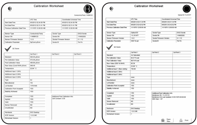 Calibration Feuille de calibration La feuille de calibration est un compte-rendu des résultats de la calibration d un capteur EXO.