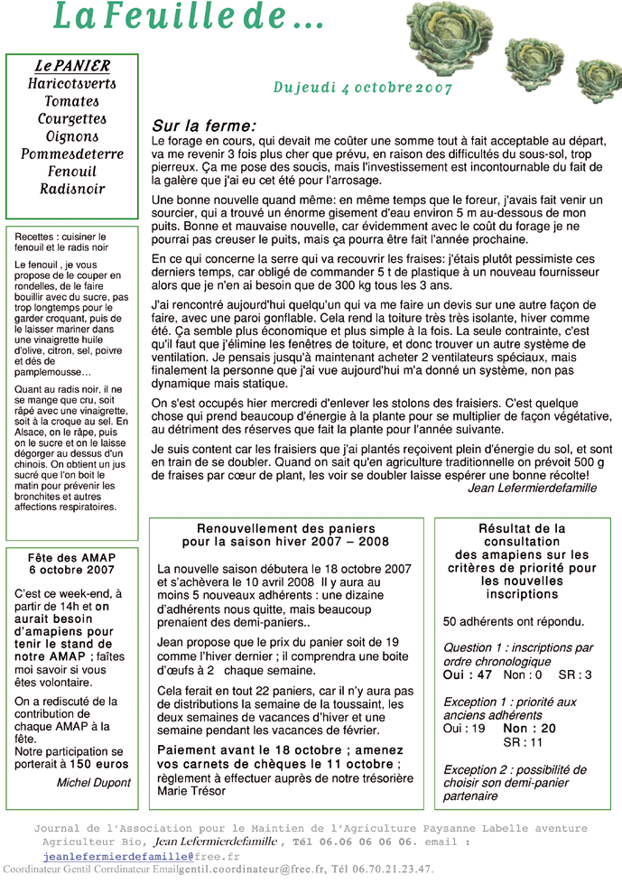 ANNEXE e EXEMPLE DE feuille de chou Journal de l Association pour le Maintien de l Agriculture Paysanne Labelle aventure Agriculteur bio : Jean Le