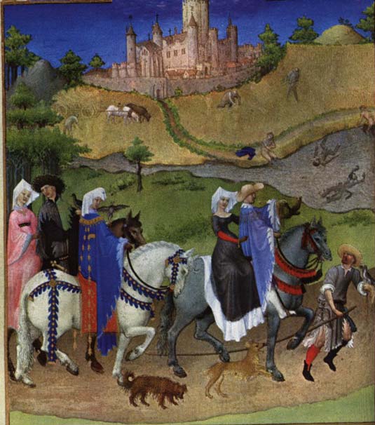 Le mois d'août, Très Riches Heures du duc de Berry, ouvrage enluminé inachevé 1413/1416 Jean, Pol et Hermann de Limbourg. La Dame de gauche porte une robe à manches tombantes et un bandier.