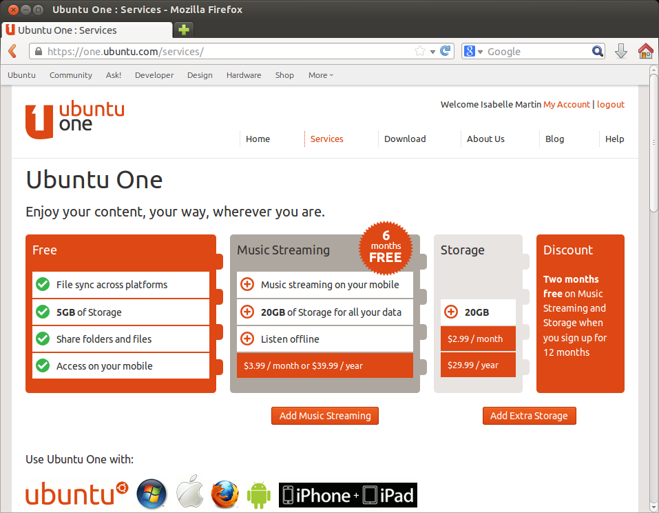 P U. Fig. 3.36 : Ubuntu One accepte les cartes de crédit et PayPal pour l achat d espace de stockage supplémentaire. Ubuntu One a des applications mobiles pour les appareils mobiles Android et iphone.