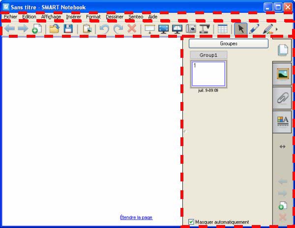 L'interface du logiciel SMART Notebook comprend quatre parties principales : 1 La Zone de travail vous permet de travailler avec des objets, notamment les notes manuscrites, les textes