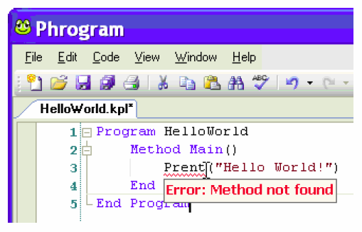 comprend pas. Placez la souris sur cette ligne rouge ondulée et vous verrez apparaître une fenêtre disant Error: Method not found ce qui signifie erreur : méthode non trouvée.