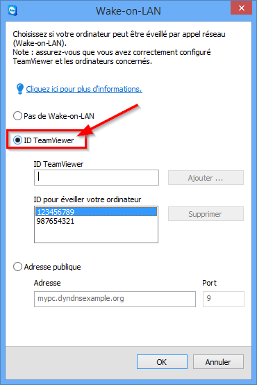 Configurer TeamViewer 5.2 Wake-on-LAN via un ID TeamViewer du même réseau Si l'ordinateur n'a pas d'adresse publique, vous pouvez aussi le réveiller en utilisant un autre ordinateur du même réseau.