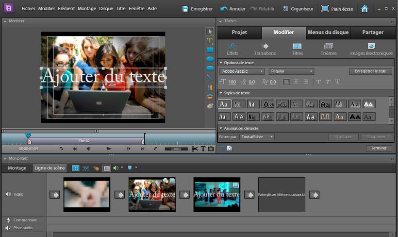 231 Chapitre 12 : Création de titres Vous pouvez créer des titres et des graphiques personnalisés avec Adobe Premiere Elements.
