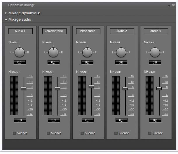 Ajout de la partie audio et mixage audio 261 Mixage audio Idéalement, vous devez mixer le volume pour une piste du début à la fin avant de passer à la piste suivante.