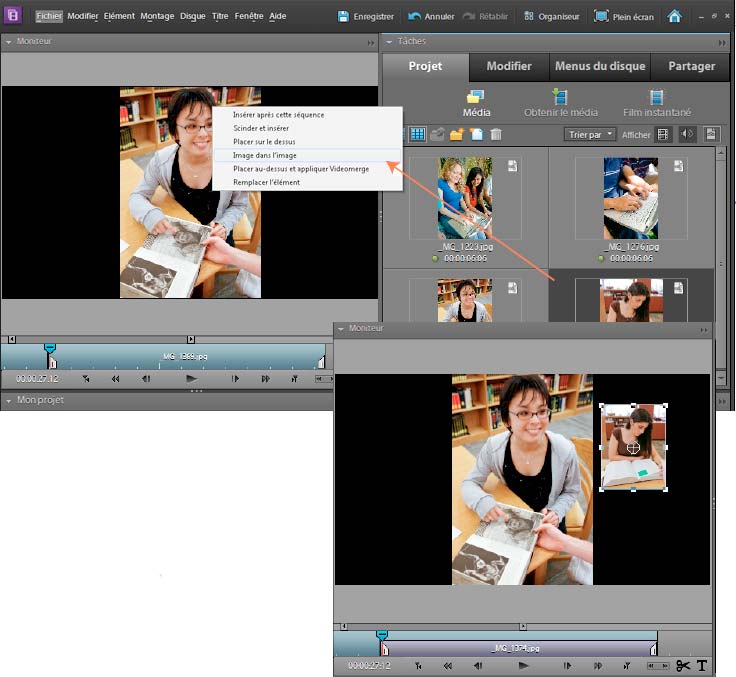 Disposition des éléments dans une séquence 88 Création d une incrustation d image Vous pouvez placer un élément vidéo d une petite image sur un élément vidéo en arrière-plan qui recouvre la totalité