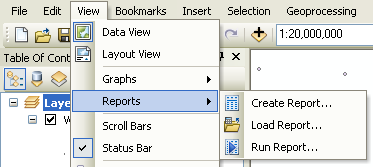 Nouveautés concernant la création de rapports dans ArcGIS 10 Menu Rapports Le menu Rapports est accessible depuis le menu Affichage, sur la barre du menu principal.