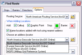 Les services de géocodage d'arcgis Online sont répertoriés dans la liste déroulante Choisir un localisateur d'adresses sous l'onglet Options.