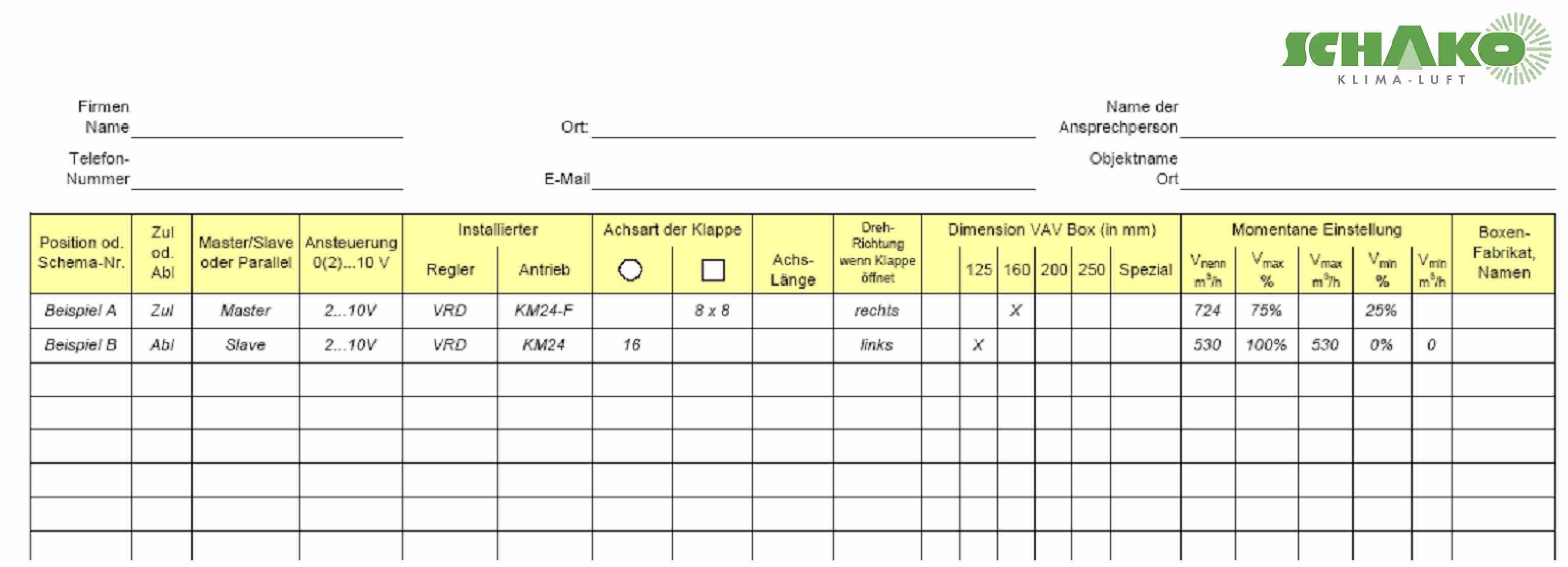 Etape 1 : Bilan de la boîte VAV-par le technicien de SCHAKO ou par le client; Saisir les caractéristiques techniques de la boîte VAV dans ce tableau : - Important : Saisir le plus de données possible
