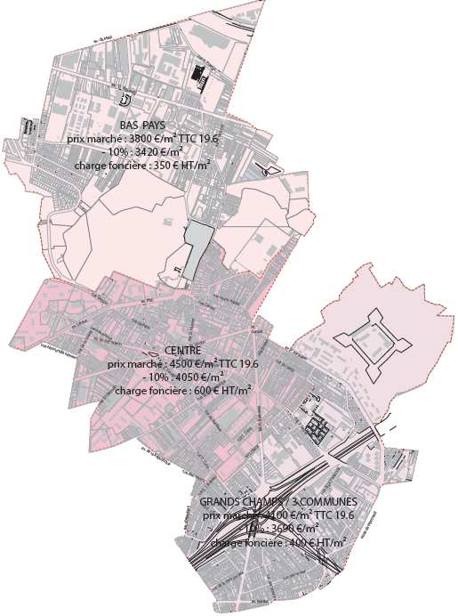 Carte des prix retenus par quartier sur la commune de Romainville, source Ville de Romainville Centre Prix marché : 4500 /m² SH TTC 19.