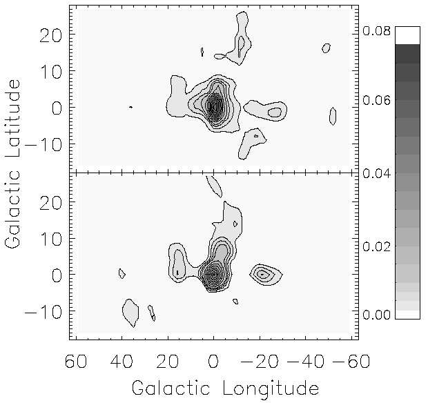 1.2. Les instruments d observation 11 Fig. 1.5: Carte OSSE de l intensité de la raie à 511 kev au centre galactique. Méthode de Richardson-Lucy (haut) et décomposition en valeurs singulières (bas).