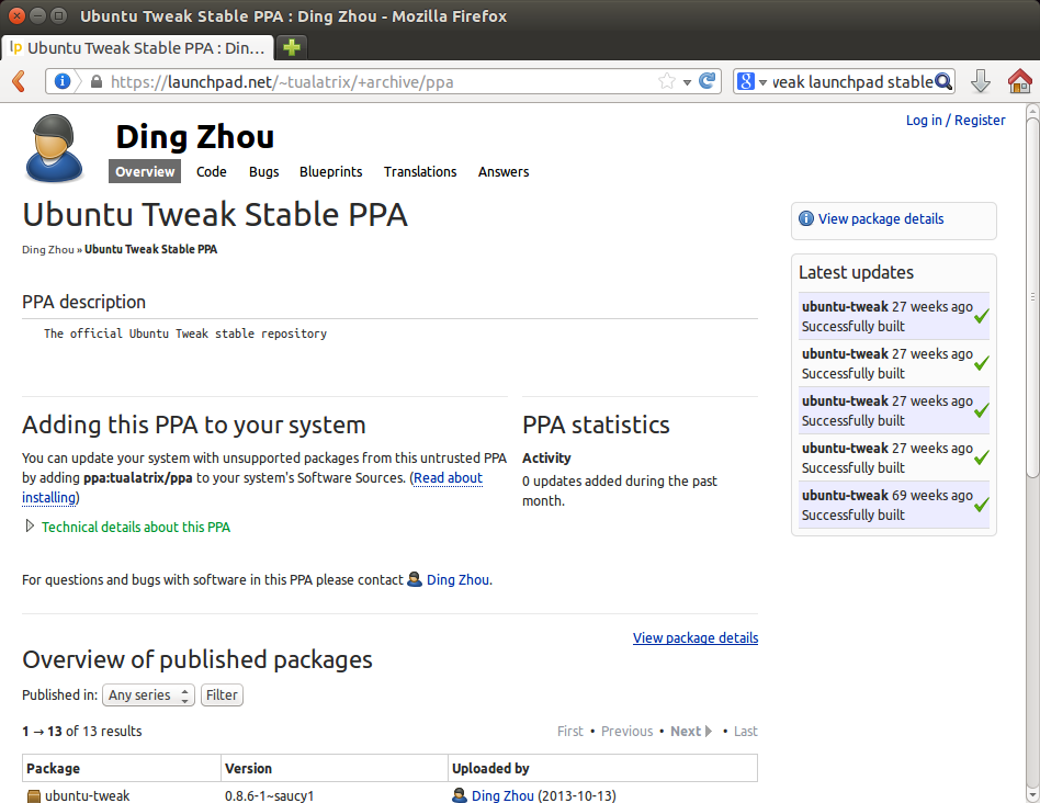 Gestion des logiciels 101 Fig. 5.11 : Voici un exemple de la page Launchpad pour le PPA de l application Ubuntu Tweak.