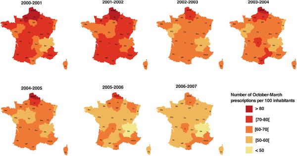 Prescriptions d antibiotiques en période hivernale, en France, d octobre 2000 à mars 2007 Figure 2. Winter antibiotic prescriptions in France by region, from October 2000 to March 2007.