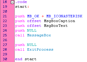 Avec l'utilisation de la directive Masm invoke (High Level Syntax), les APIs Windows peuvent être utilisés d'une manière très similaire aux langages "C" ou «Pascal» Ceci est la forme moins lisible de