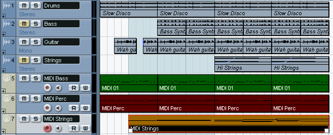 8. Lorsque vous avez fini, cliquez sur Stop. Un conteneur MIDI a été créé sur la piste MIDI Strings. 9. Déclenchez la Lecture pour écouter votre enregistrement.