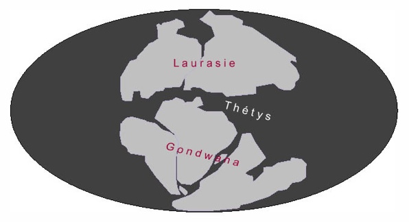 8 Positions des continents vers la fin de l ère primaire Vers la fin de l Ere primaire, un vaste océan, appelé Thétys, existait entre le continent de Gondwana et la Laurasie.