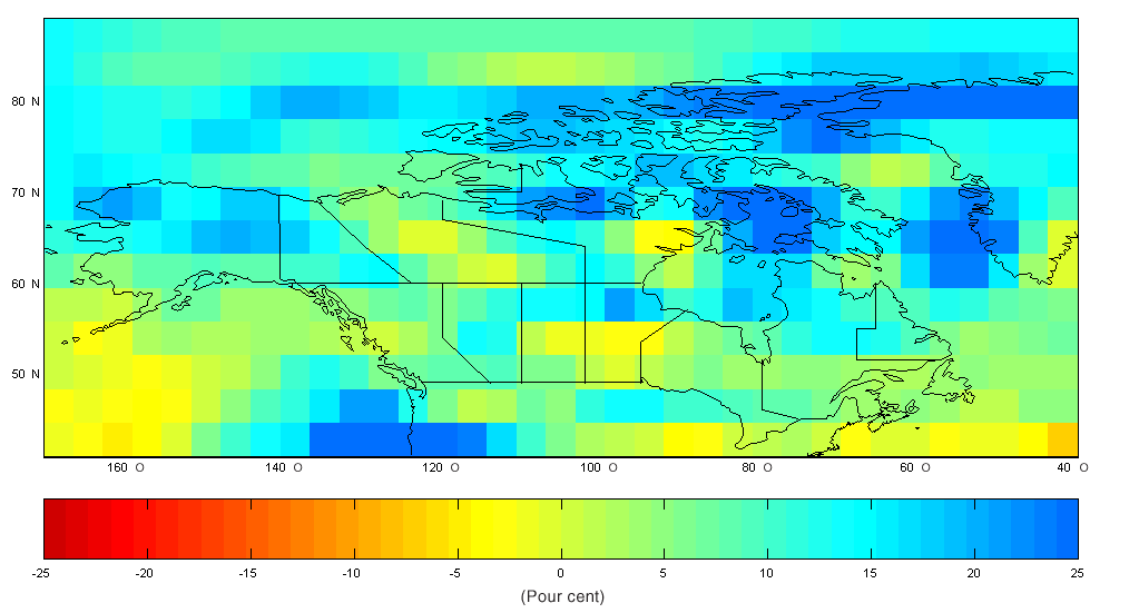 FIGURE 5 : Changements dans les précipitations, selon le modèle couplé global canadien 2-A21, pour