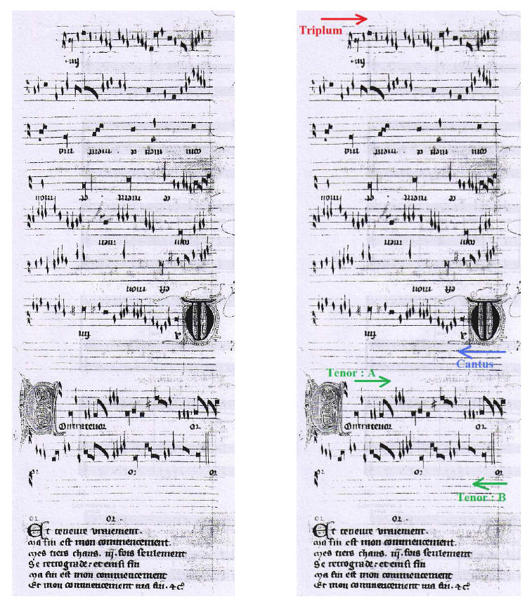 3 A gauche se trouve le manuscrit original sans indication, et à droite avec anotations des voix et du sens de lecture.