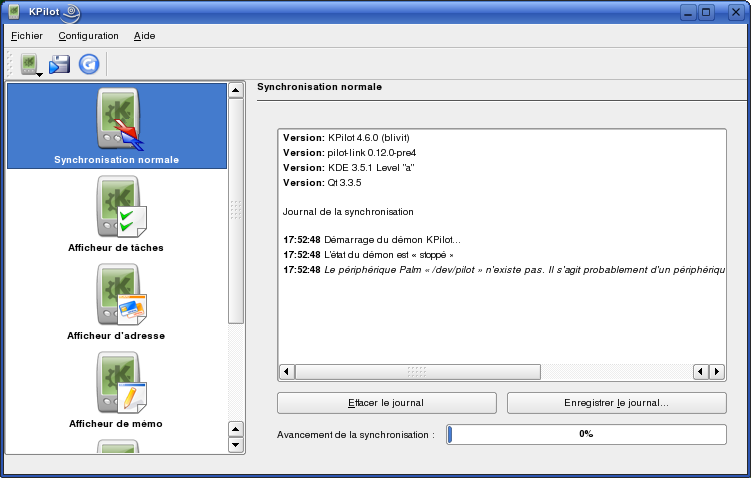 Figure 4.4 Fenêtre principale de KPilot 4.5.1 Sauvegarde des données du périphérique de poche Pour effectuer une sauvegarde complète, sélectionnez File (Fichier) Backup (Sauvegarde).