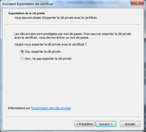 Une nouvelle fenêtre «Assistant d'exportation de certificat» s'ouvre. Cliquer sur le bouton «Suivant».