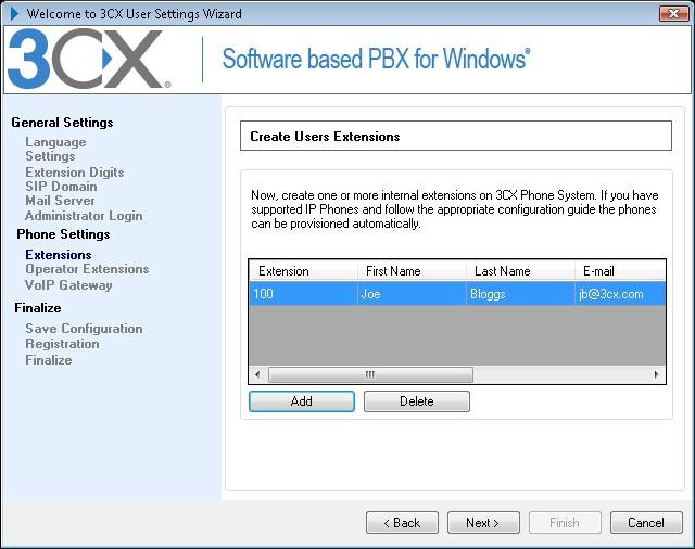 Capture d écran 1 : l assistant de configuration 3CX 8. L installation vous permet de créer plusieurs extensions.