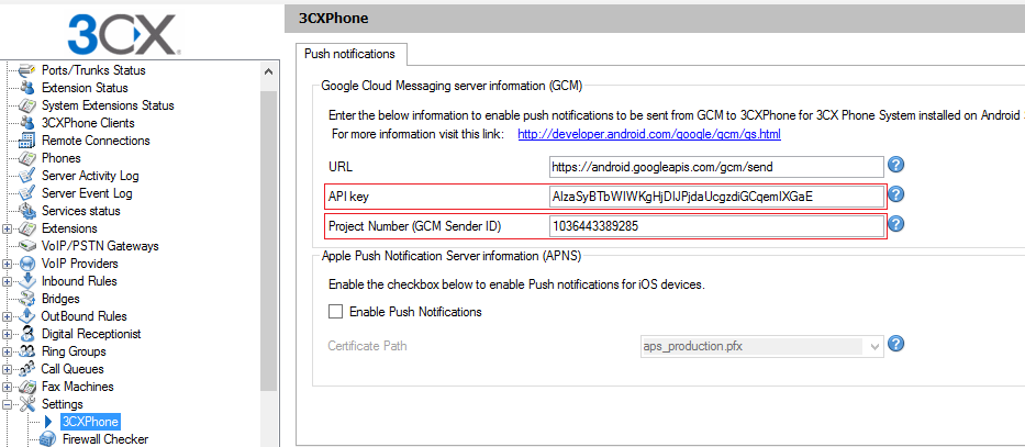 Copie d écran 6 - Google API Key 5. Enfin, copiez la clef API entourée en rouge dans la copie d écran. Etape 3: Configurer 3CX Phone System pour les notifications Android Push 1.