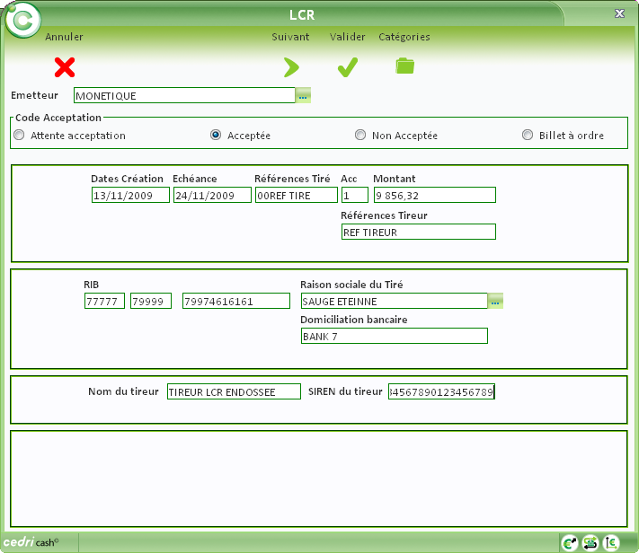 page 62 6.11 LCR Endossée CedriCash permet de générer un fichier bancaire avec des LCR endossées.