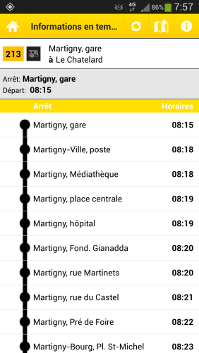 Heures de départ La fonction «Horaire» permet la consultation des heures de départ et d'arrivée de tous les arrêts TP de Suisse, voire en temps réel là où le service est disponible.