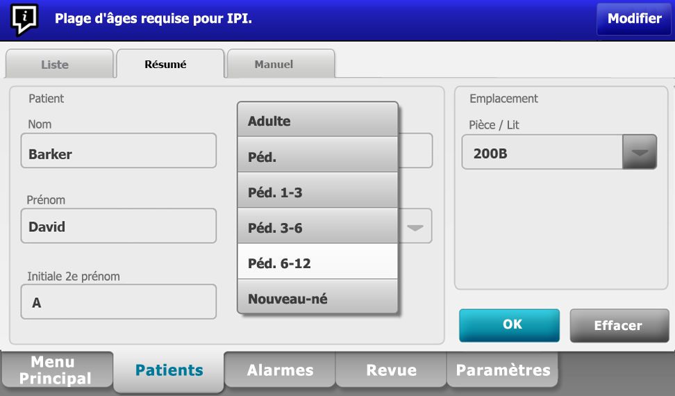 Mode d emploi Monitorage du patient 117 Si vous sélectionnez Péd.