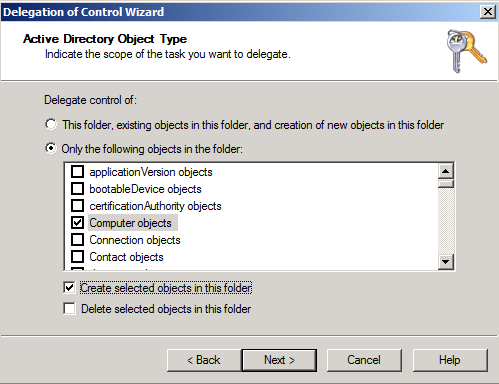 Cochez ensuite les cases Computer objects et Create select objects in this folder et cliquez sur