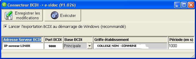 Cocher «Lancer l exportation au démarrage de windows» Adresse Serveur BCDI : l'ip du serveur Linux Port : 9000 Base : Principale Griffe : se renseigne tout seul Période 1000 Enregistrer les