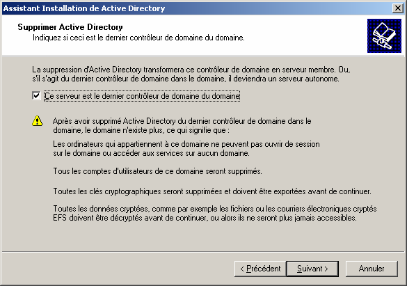 Désinstaller Active Directory ATTENTION cette opération supprime tous les comptes existants.