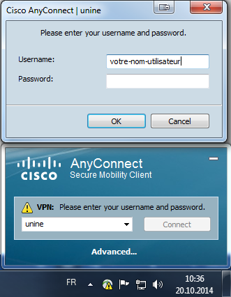 Utilisation du client VPN Cisco AnyConnect Le client est démarré dans les programmes puis Cisco AnyConnect Secure Mobility Client Un écran présente les différents profiles présents, choisissez unine