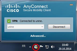 Cliquez sur Accept si les conditions sont remplies Une icône avec1 cadenas apparaît à droite dans la barre des tâches lorsque le client Cisco AnyConnect est