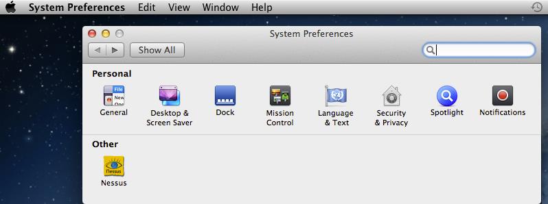 Le service Nessus peut aussi être géré via la fenêtre System Preferences (Préférences système) : Cliquez sur «Nessus»