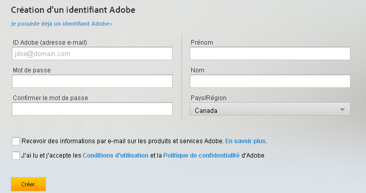 ANNEXE 1 Créer un compte Adobe 1. Allez à https://www.adobe.com/ca_fr/account/sign-in.adobedotcom.html. 2. Cliquez sur le lien «Vous n avez pas d identifiant Adobe». 3.