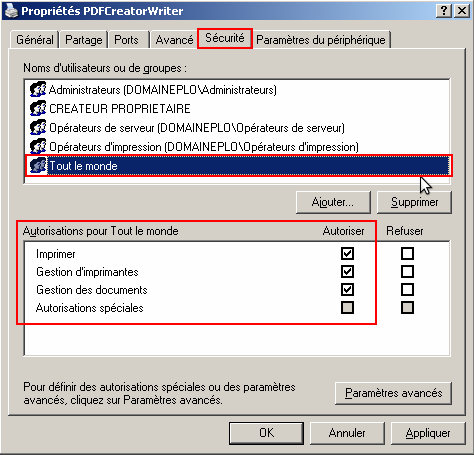 Imprimantes créées : Nom Nom du partage Port Driver Droits PDFCreatorWriter PDFCW PDFCreator : AGFA-AccuSet v52.
